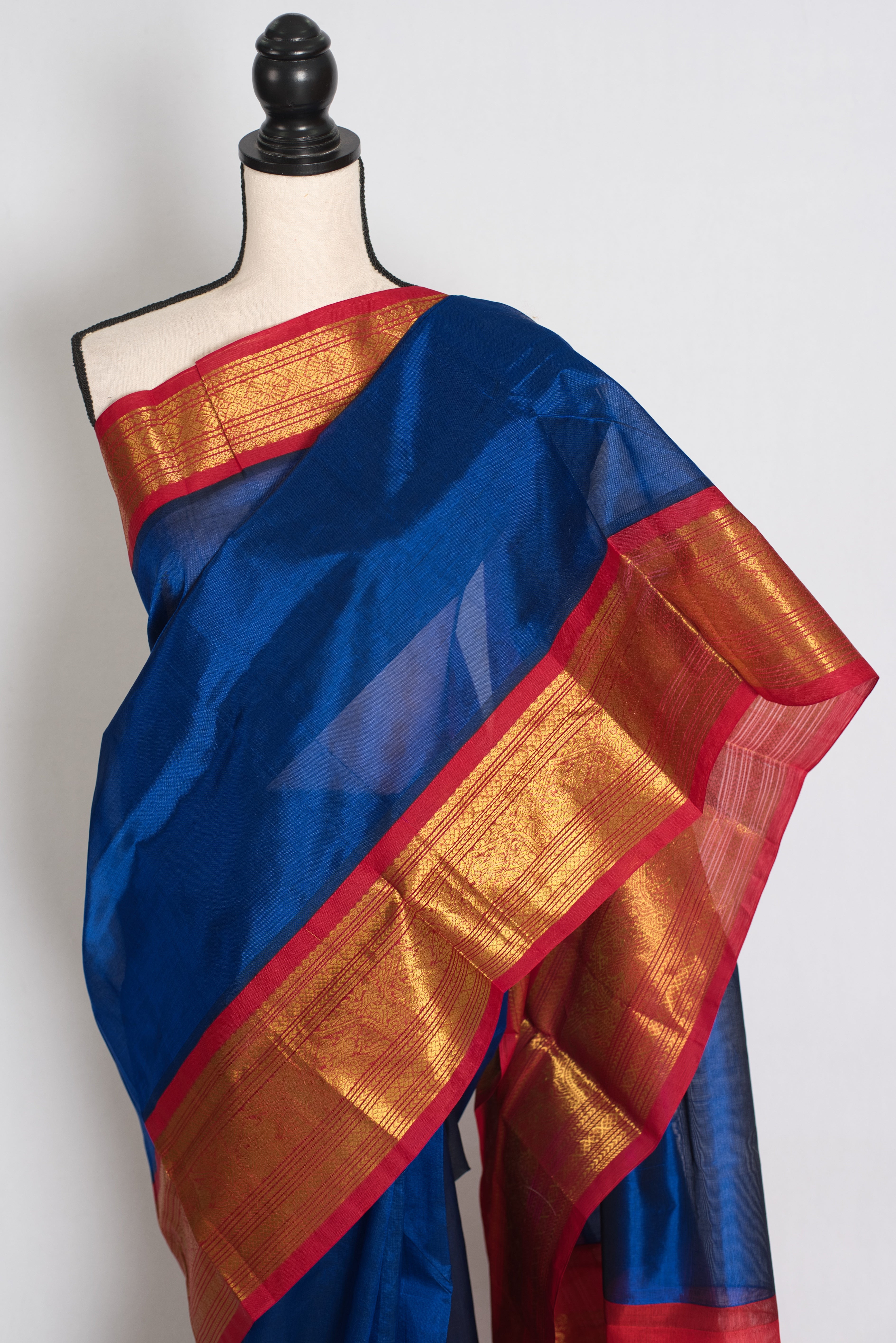 Mala : Royal Blue and Red Cotton Silk Kanjivaram Saree with 38 Size Blouse