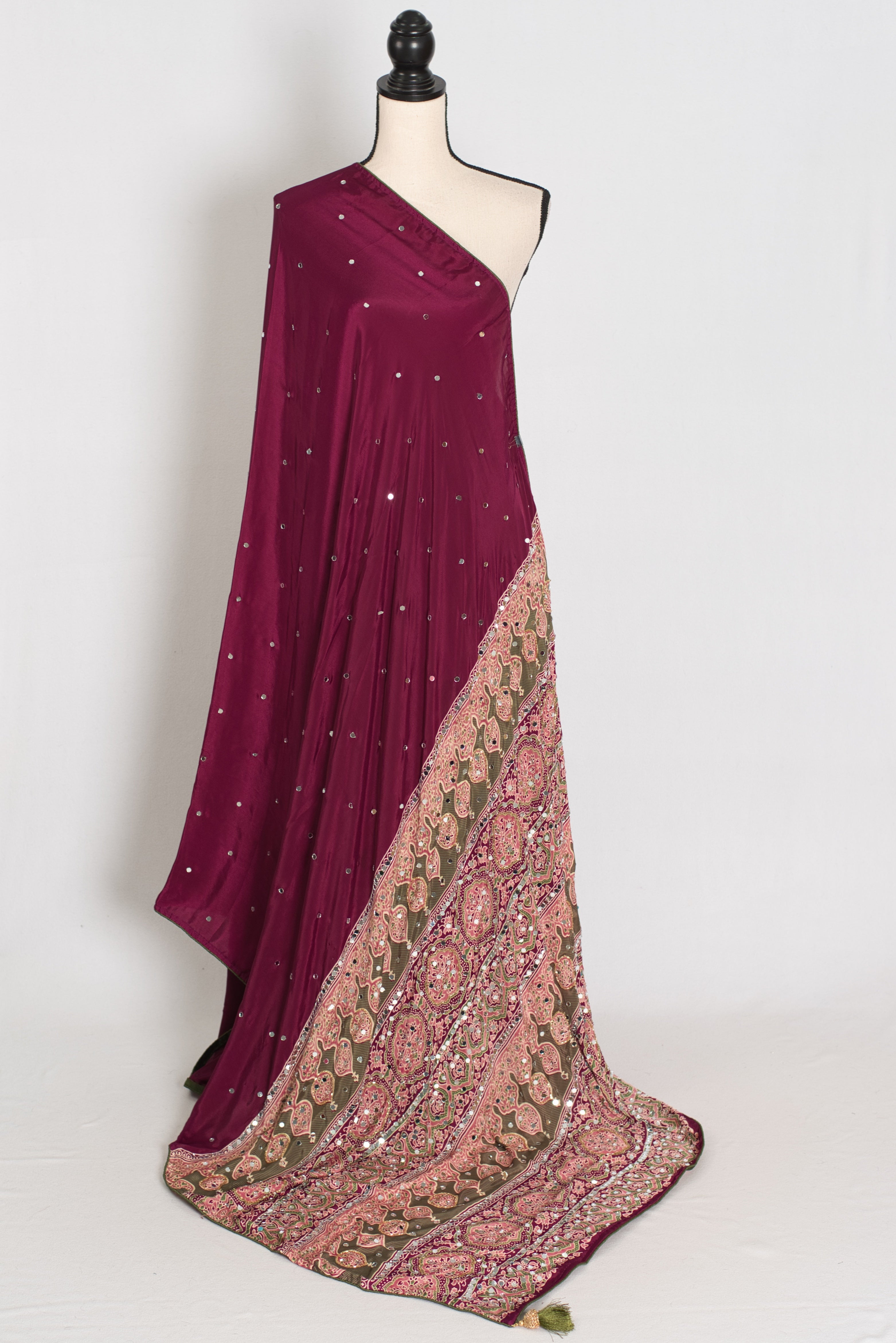 Naheed | Wine Color Mirror Work Partywear Ajrakh Saree | Bollywood Inspired