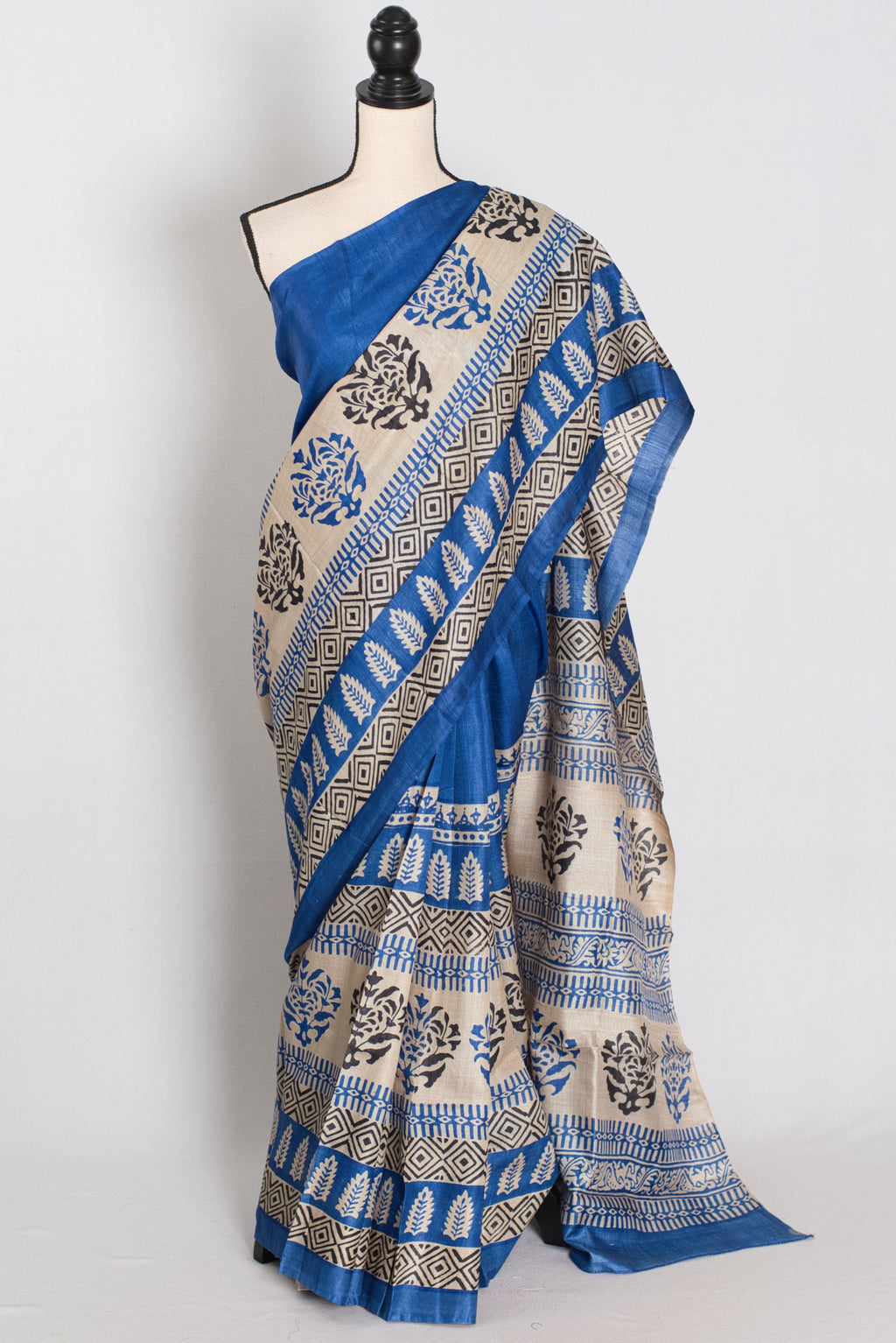 Mati Blue and White Hand Block Printed Tussar Silk Saree with 38 Size Blouse
