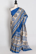 Mati Blue and White Hand Block Printed Tussar Silk Saree with 38 Size Blouse