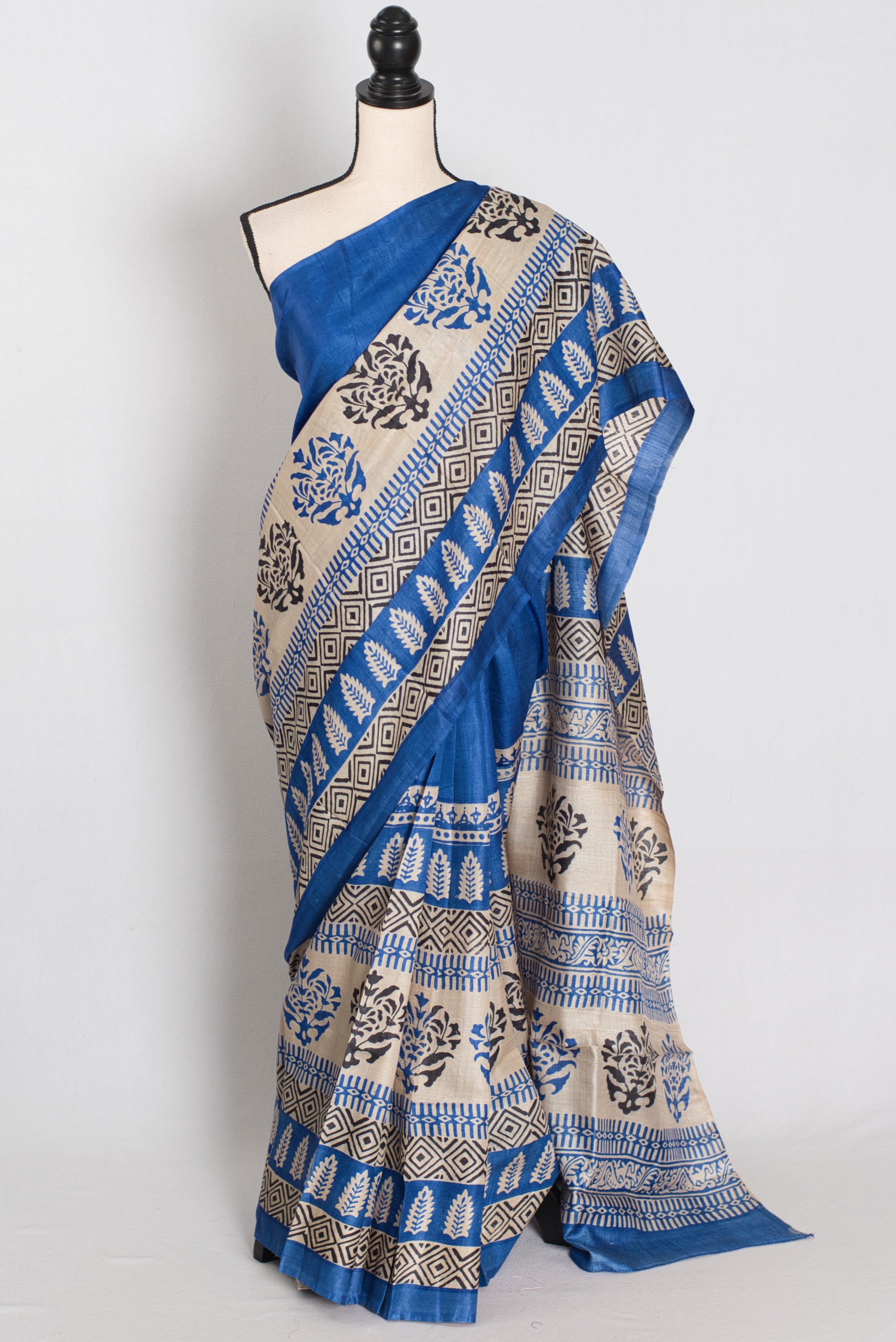 Mati Blue and White Hand Block Printed Tussar Silk Saree with 38 Size Blouse