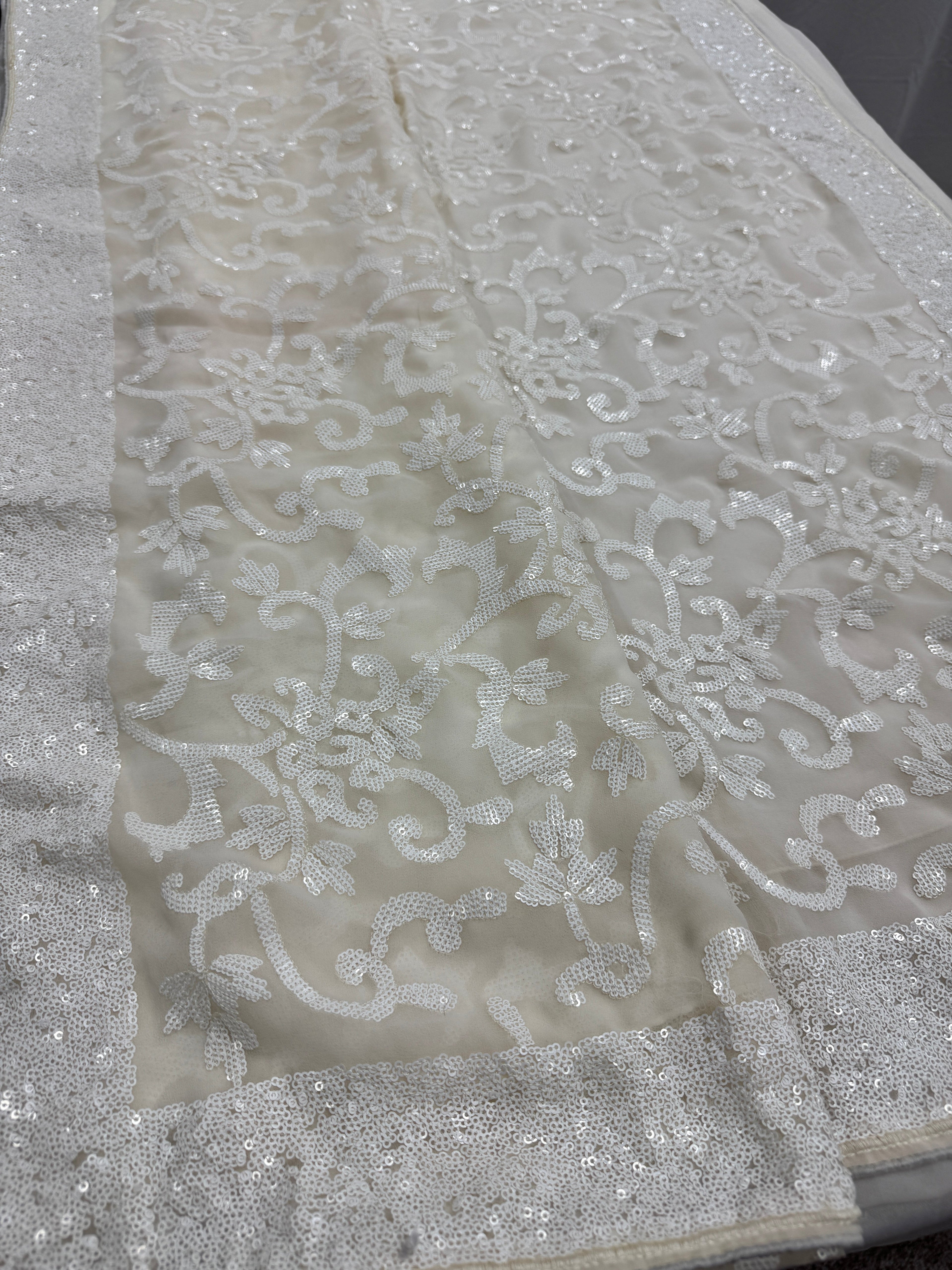 Damini | Ivory White Sequin Georgette Cocktail Saree | Classic Embroidery