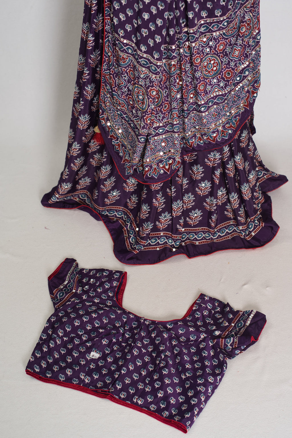 Parul | Purple Ajrakh Print Lehenga Saree with Stitched Blouse
