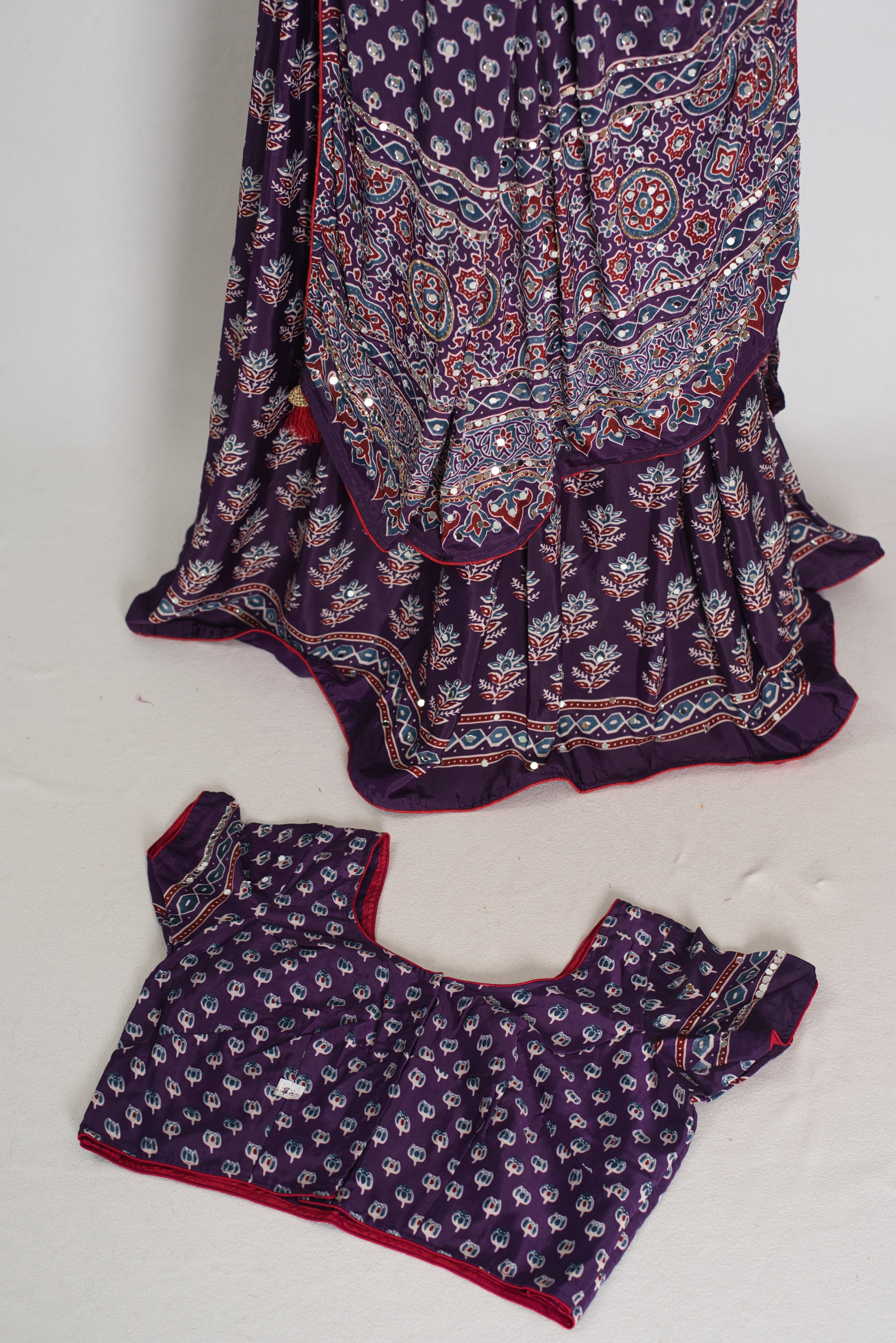 Parul | Purple Ajrakh Print Lehenga Saree with Stitched Blouse