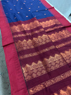 Hema : Blended Cotton Gadwal Saree in Midnight Blue and Dark Red