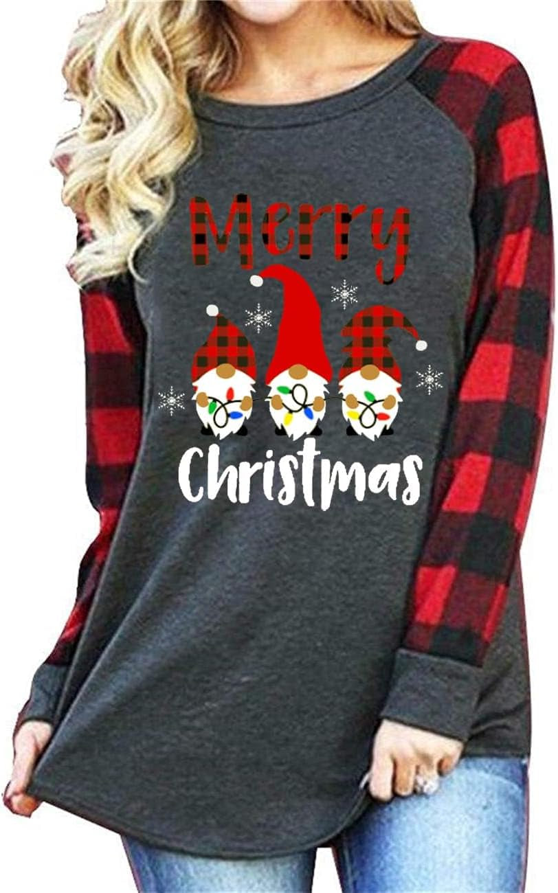 Christmas Shirts for Women Gnomes T-Shirt Candy Canes Plaid Tshirts