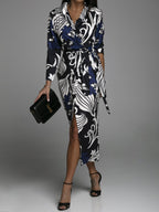 Women's V-neck Lace Up Fashion Printed Cardigan Long Sleeve Dress