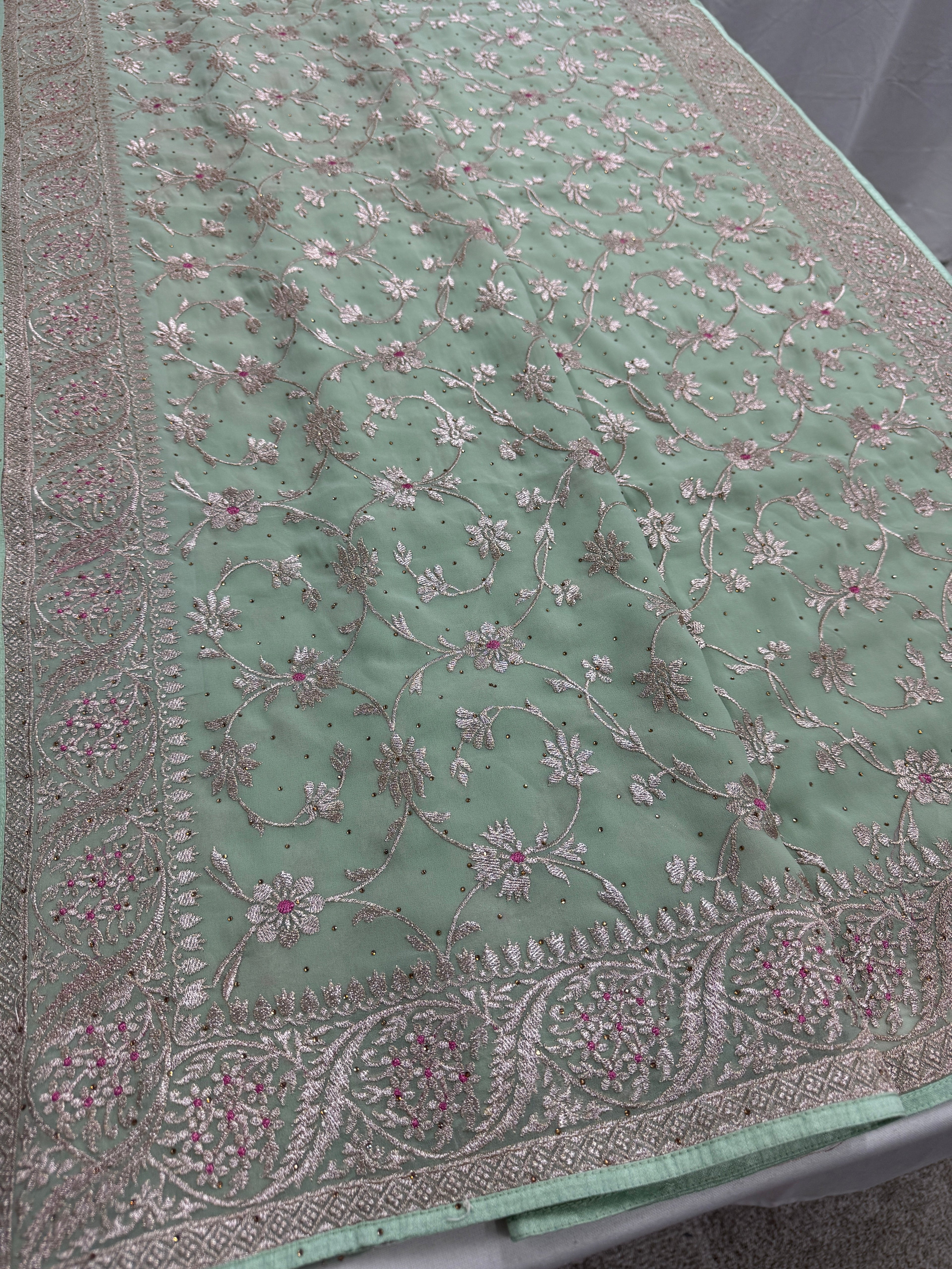 Pooja | Sea Green Georgette Partywear Saree | Elegant Machine Floral Embroidery