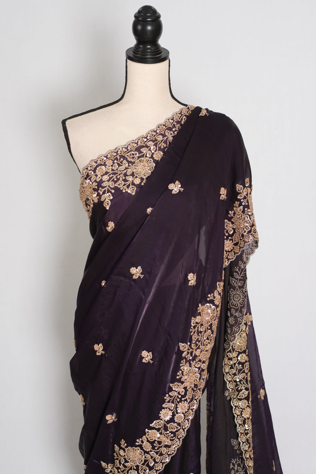 Priya | Deep Purple Tissue Saree | Stitched Size 38 Blouse (Adjustable to 40)