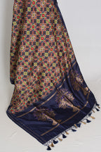 Leela : Navy Blue Ikkat Print Banarasi Silk Saree – with 36 Size Blouse