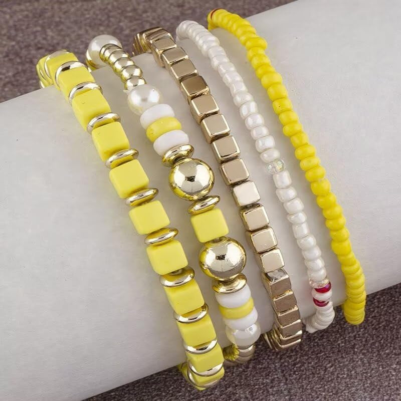Colorful Layered Boho Bracelet for Women Yellow Black White Beaded Bracelet Set Statement Stretch Bracelet Birthday Party Friendship Jewelry