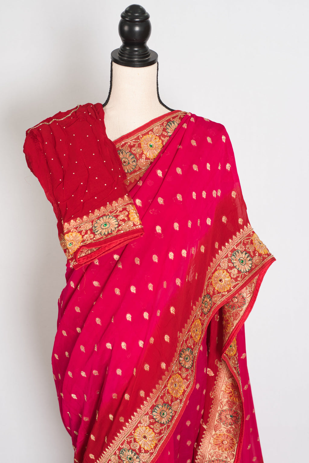 Nadira | Dark Pink & Red Crepe Georgette Banarasi Saree | Hand-Embroidery