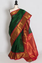 Latha : Bottle Green and Red Cotton Silk Kanjivaram Saree with 36 Size Blouse