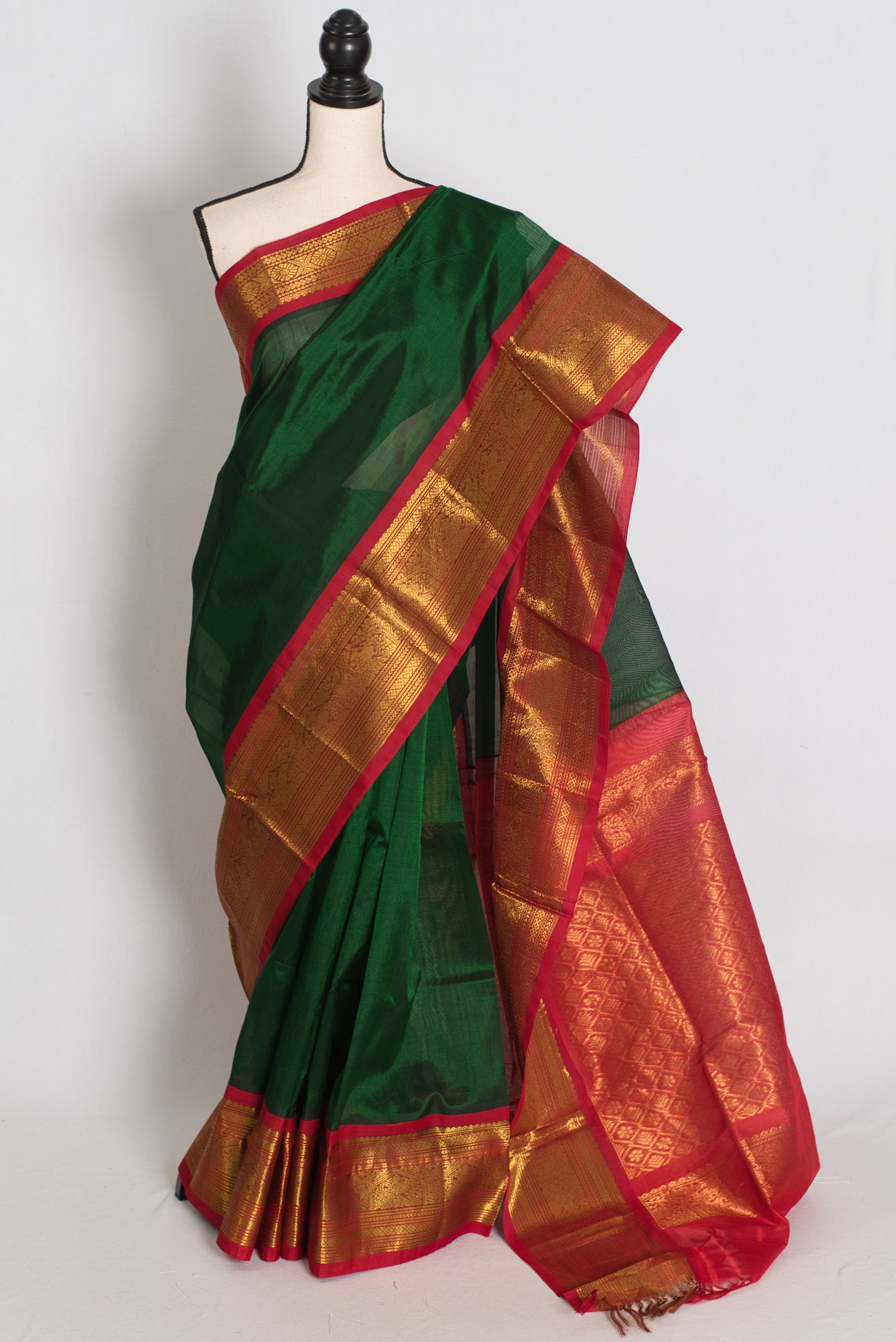 Latha : Bottle Green and Red Cotton Silk Kanjivaram Saree with 36 Size Blouse