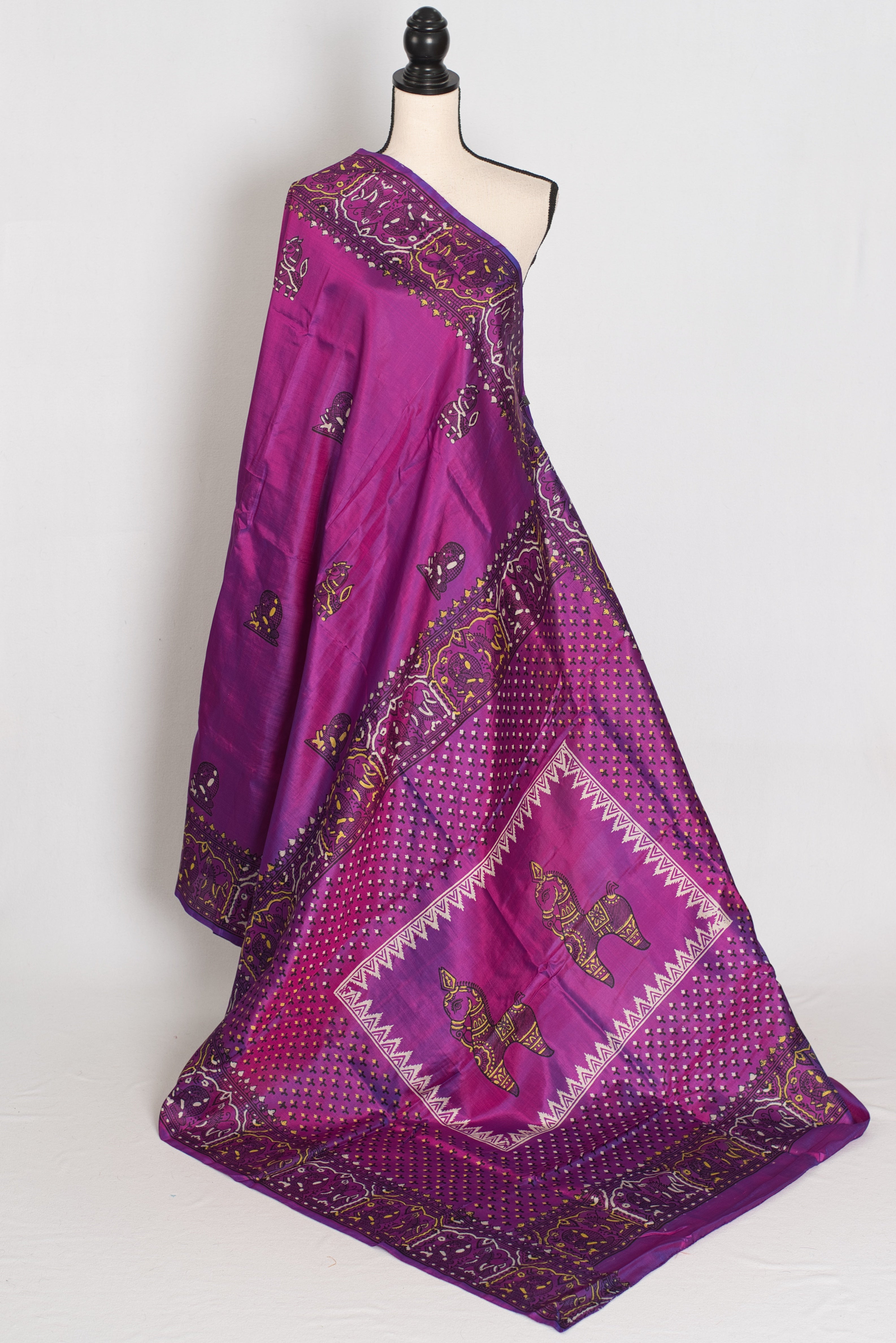Indrani | Purple Hand Block Printed Bishnupur Katan Silk Saree | Pure Silk