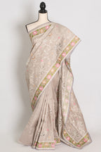 Sriti: Dove Grey Semi Tussar Silk Saree with Floral Cut Work Embroidery