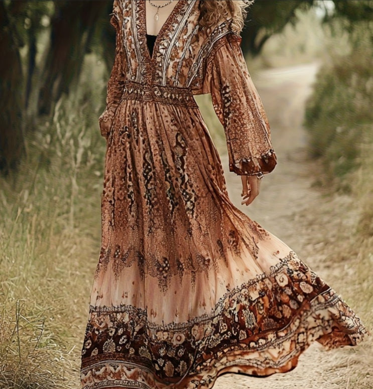 Women's Bohemian Retro Ethnic Print V-Neck Fitted Waist Full Skirt