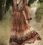 Women's Bohemian Retro Ethnic Print V-Neck Fitted Waist Full Skirt