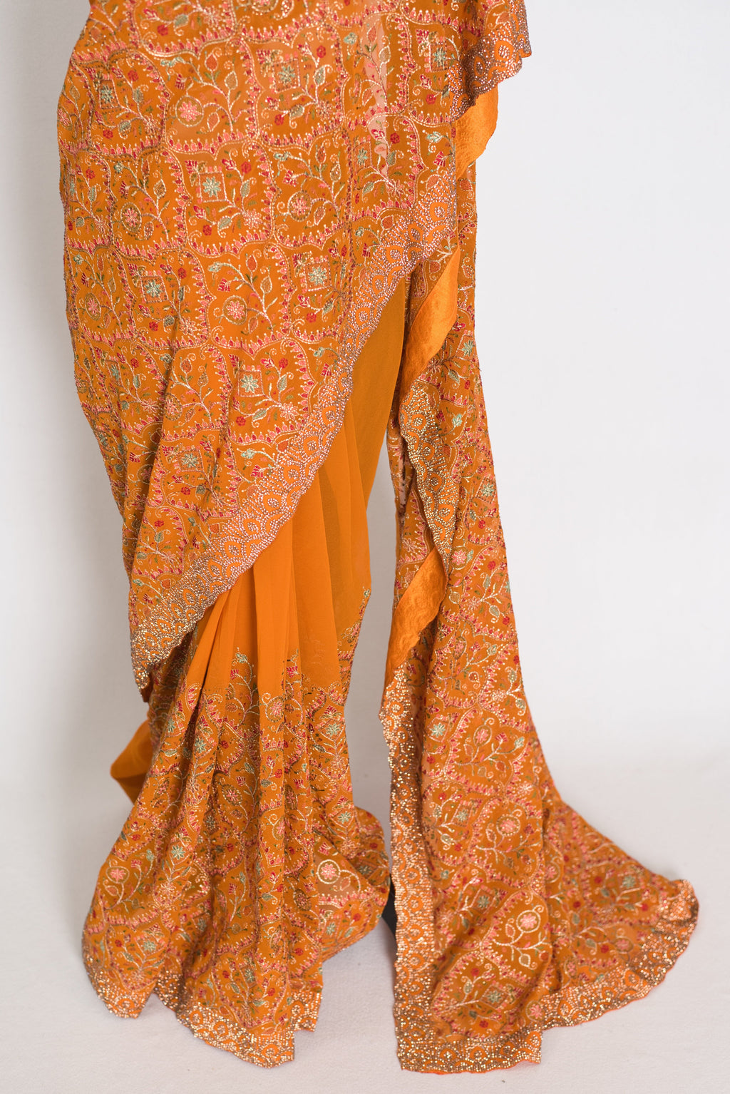 Hira | Orange Georgette Kashmiri Embroidery Saree | Perfect Haldi Wear