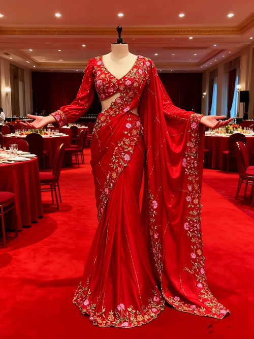 Customised Middle Eastern Wedding Dresses 2025 Red Floral Embroidered Indian Saree Bridal Evening Gowns