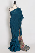 Ira | Teal Blue Mirror Work Partywear Saree | Ajrakh Printed Pallu & Blouse
