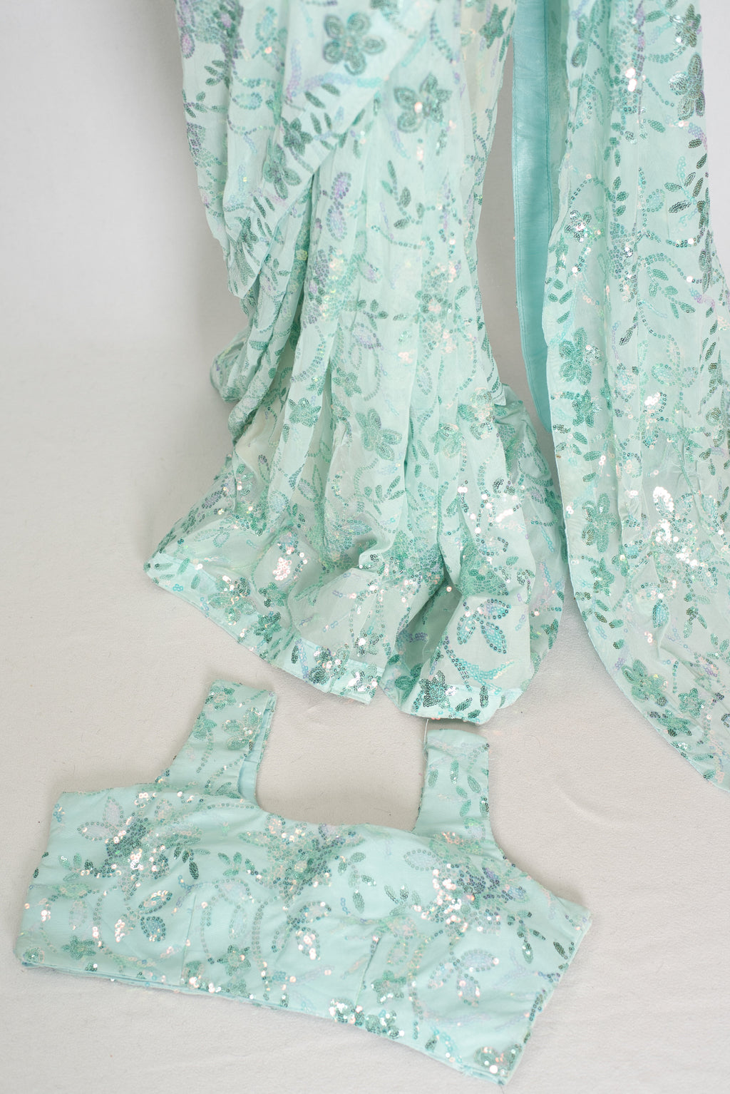 Ishq | Sea Green Soft Net Saree | Ready-To-Wear Set with Size 36 Stitched Blouse