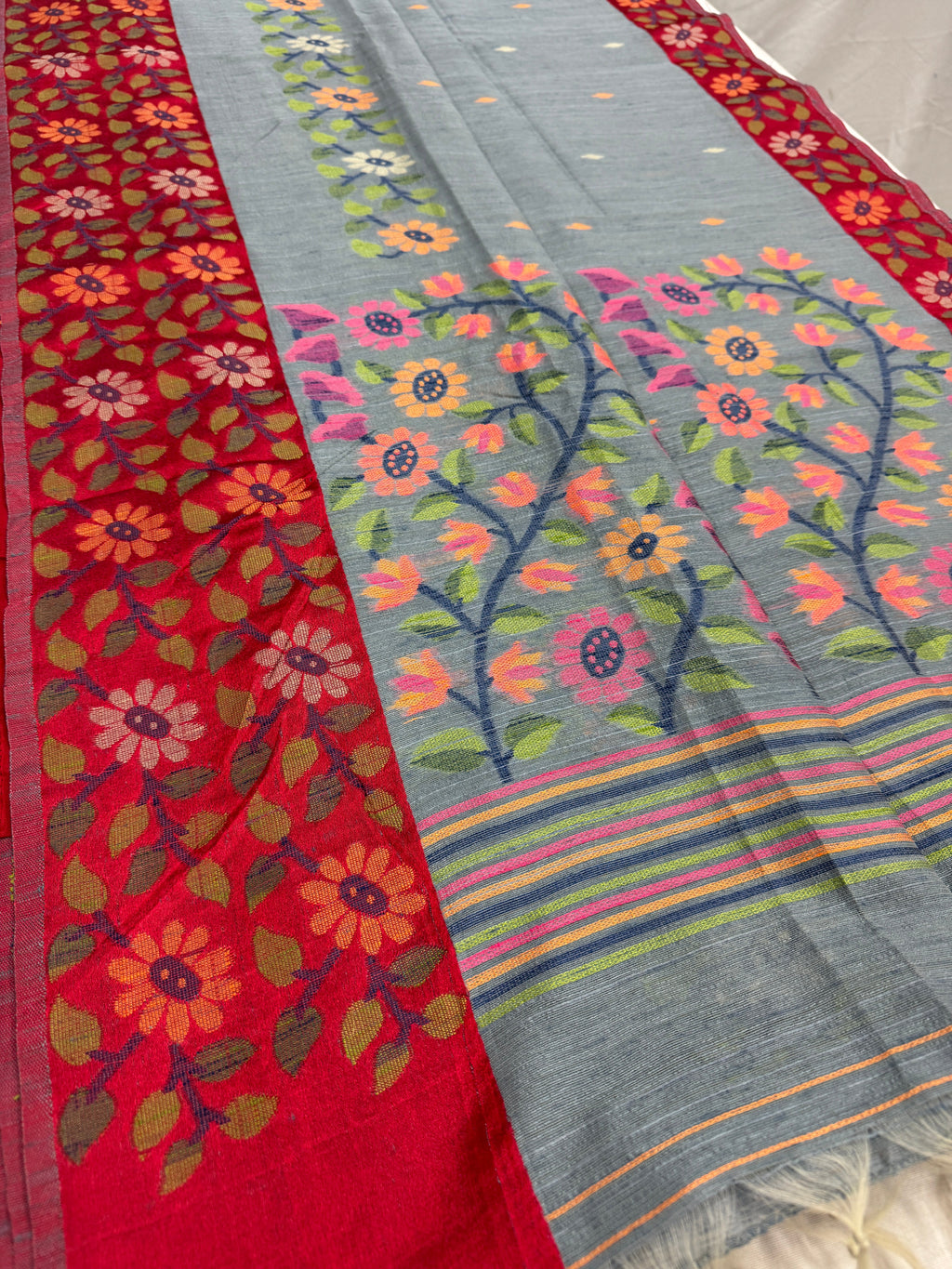 Bidisha | Grey & Red Semi Matka Tussar Jamdani Saree