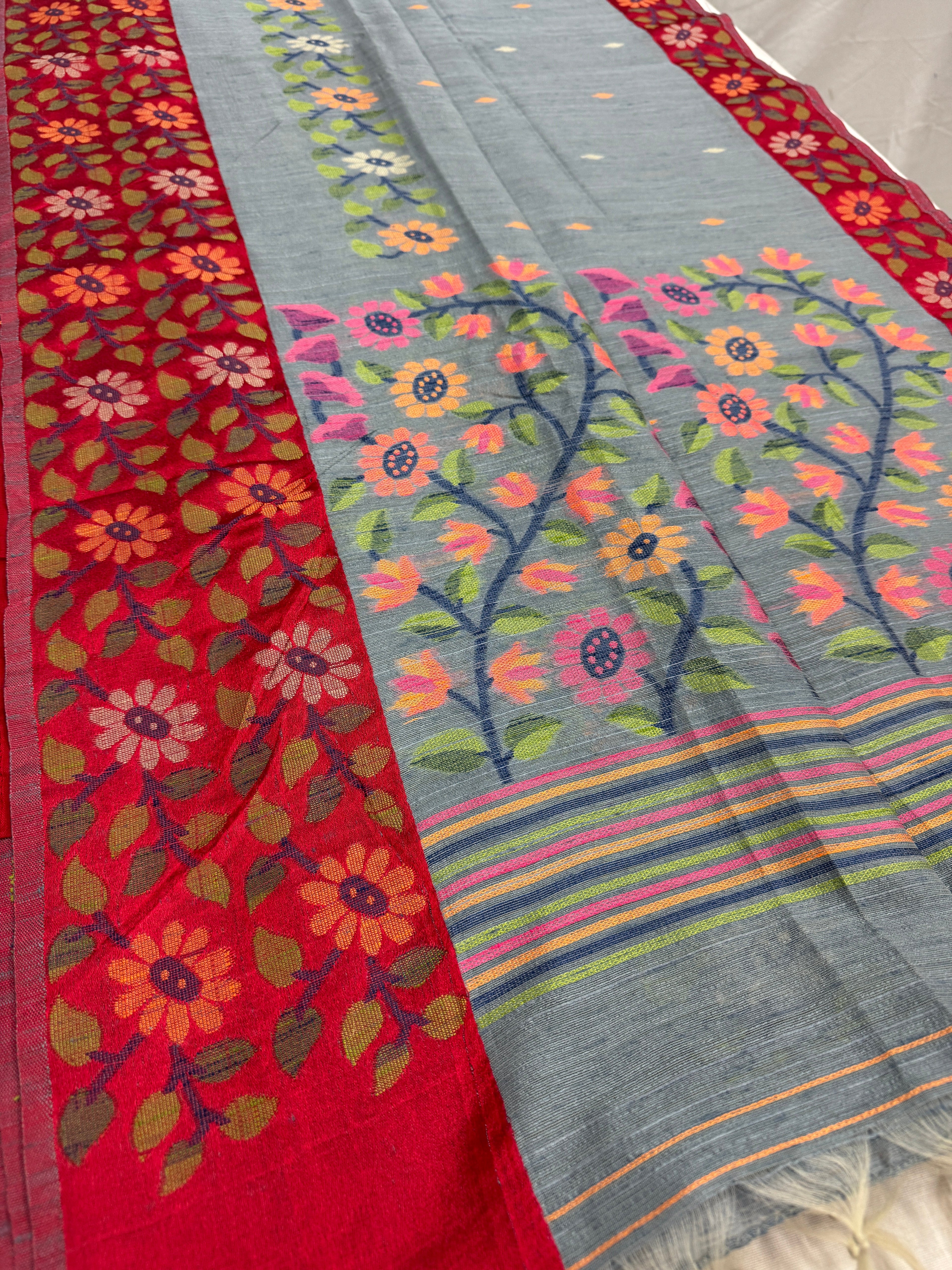 Bidisha | Grey & Red Semi Matka Tussar Jamdani Saree