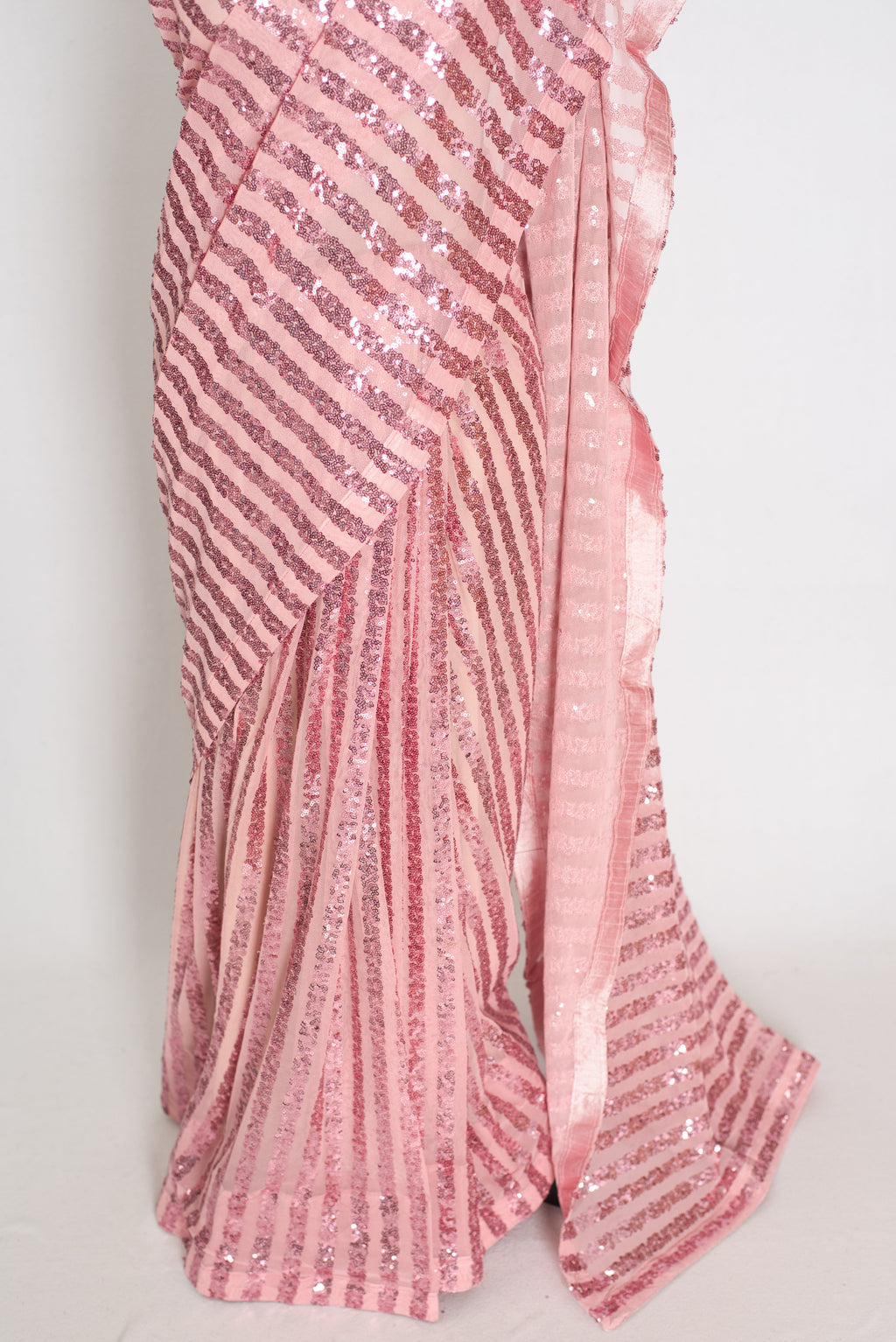 Afrin | Pink Soft Net Sequin Saree | Linear Shimmer Stripe Patterns