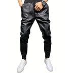 Mens Windproof Leather Motorcycle Pants In Solid Black Slim-fit
