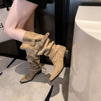 Womens Suede Pointed Toe Chunky Heel Ankle Boots