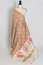 Ira : Off-White Ikkat Print Banarasi Katan Silk Saree – 38 Size Blouse