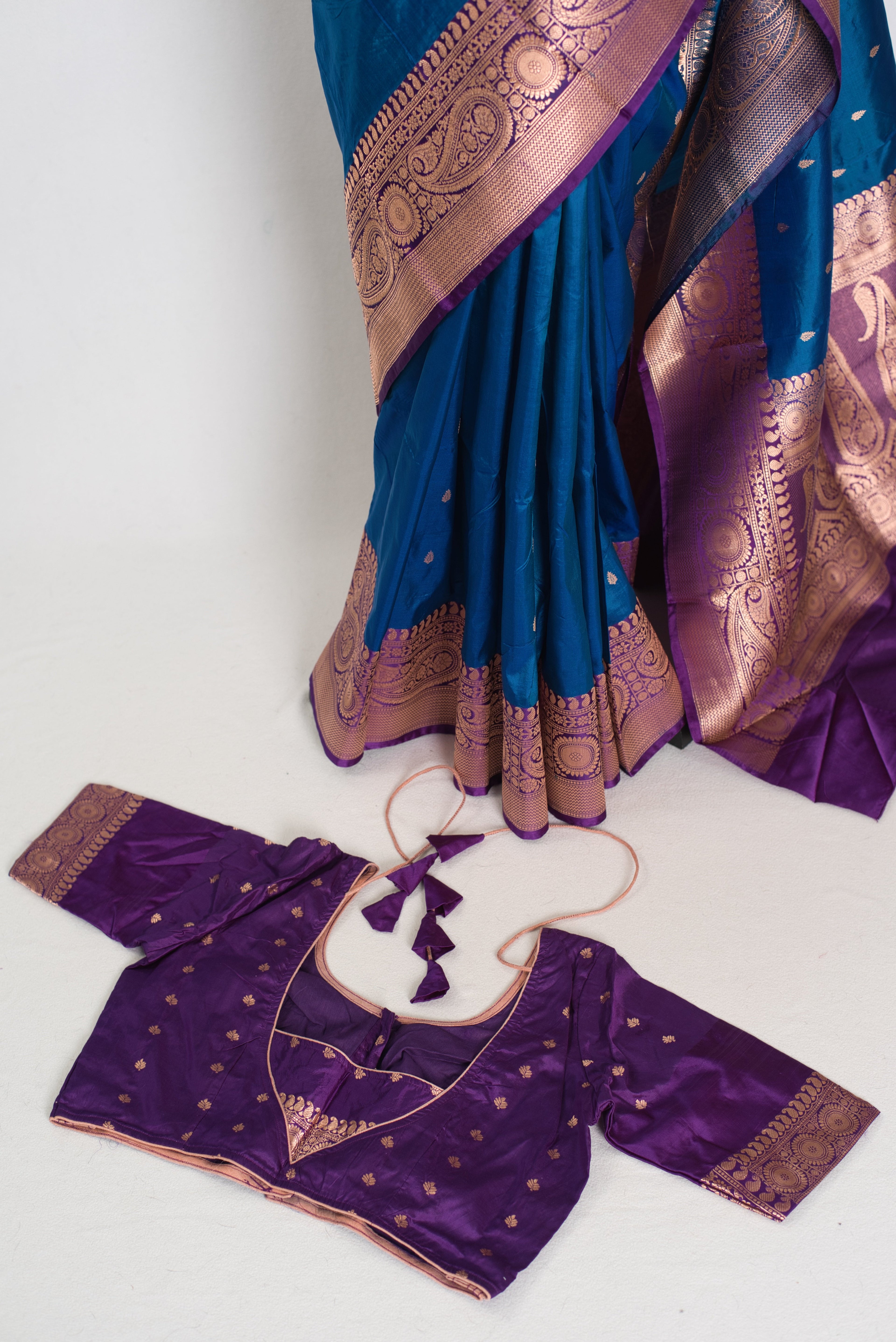 Mahi | Royal Blue Pure Katan Silk Banarasi Saree with 40 Size Stitched Blouse