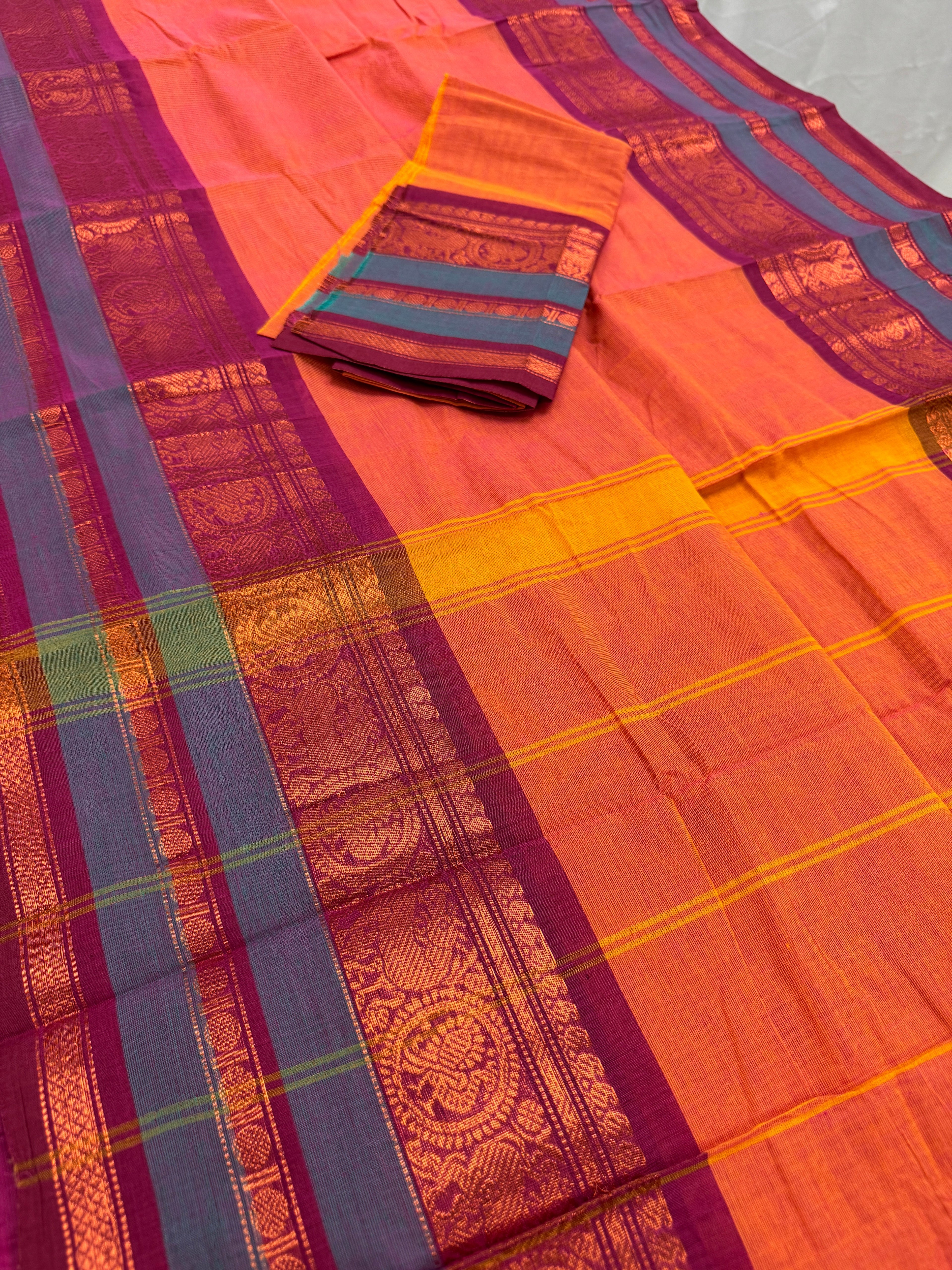 Malathi : Handwoven Kanchi Cotton Saree in Orange and Magenta