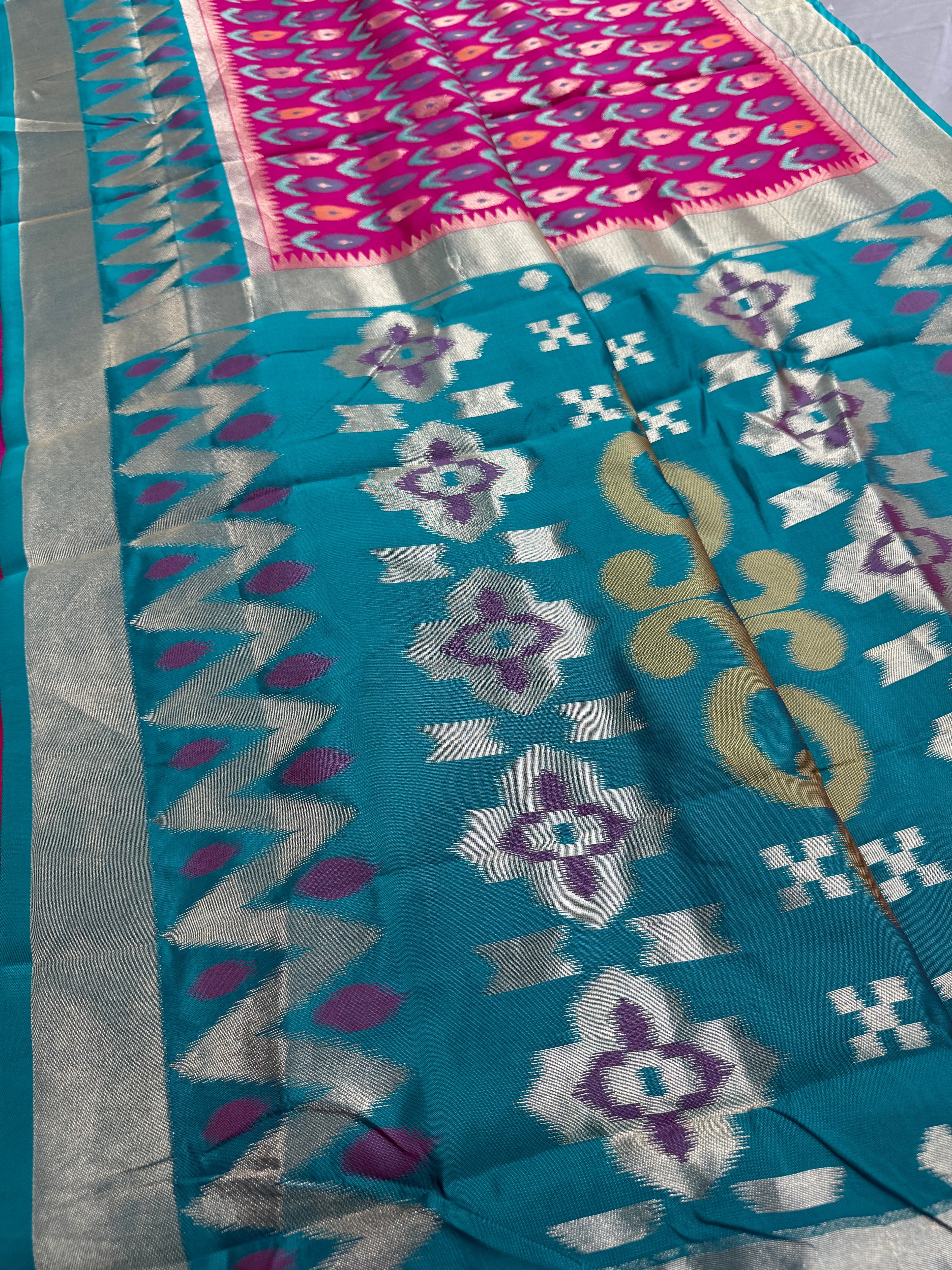 Kalyani | Hot Pink & Rama Green Art Silk Pochampally Saree