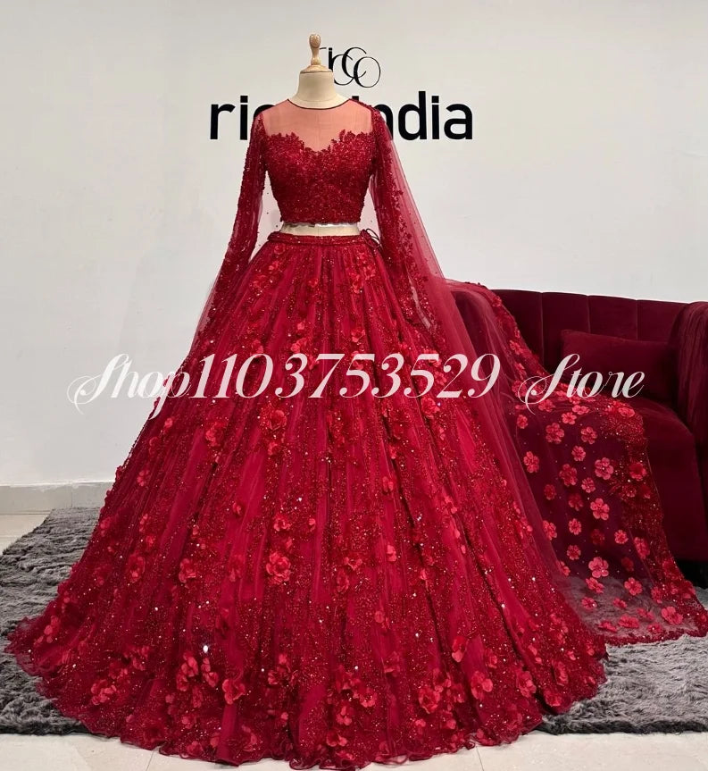Red Saree Evening Dresses Luxury Long Sleeve 3D Floral Lace Appliques Neckless Women's Two Piece Ethnic Wedding Customised dress