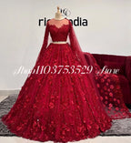 Red Saree Evening Dresses Luxury Long Sleeve 3D Floral Lace Appliques Neckless Women's Two Piece Ethnic Wedding Customised dress