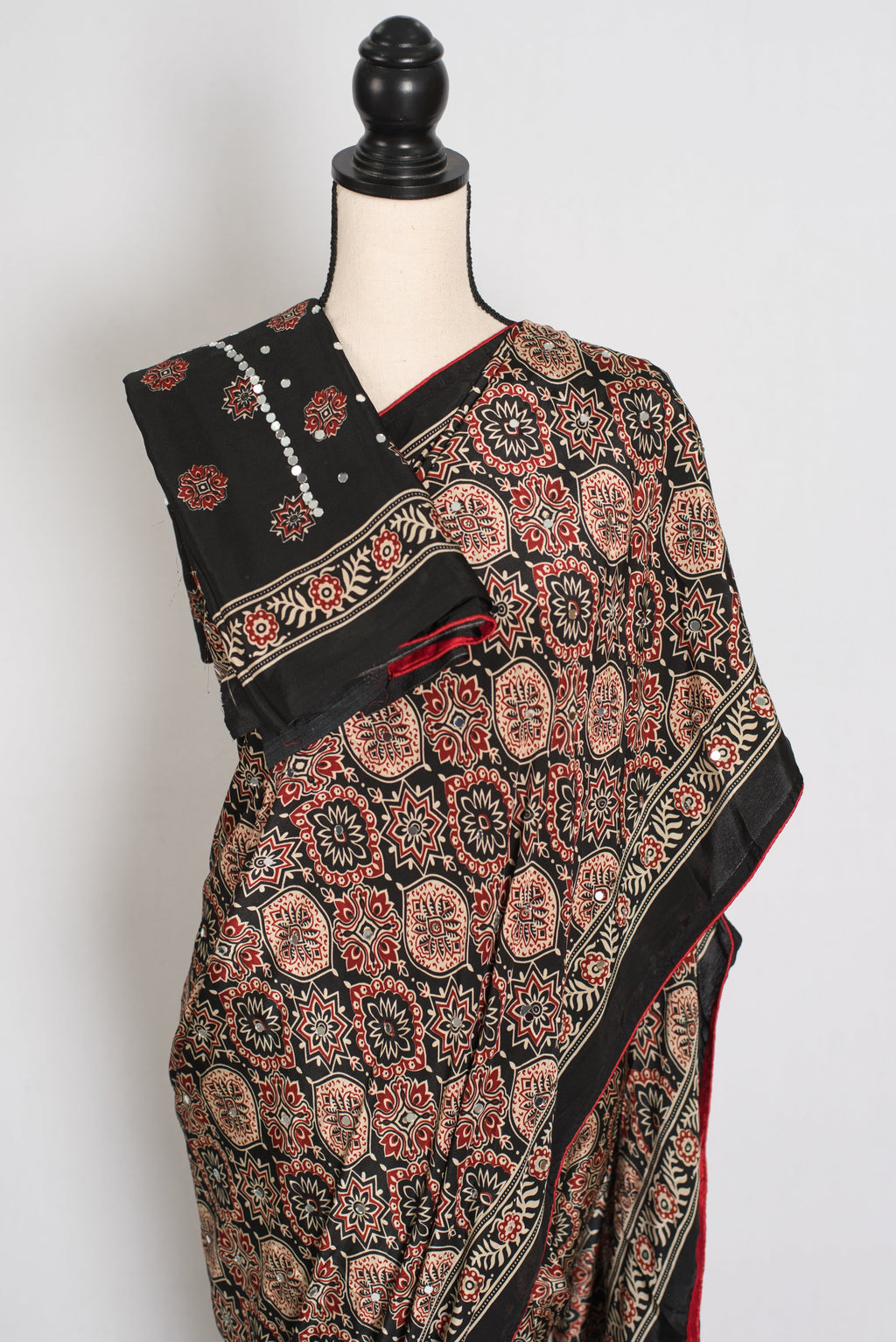 Aliya | Black Ajrakh Printed Mirror Work Saree| Bollywood Inspired Partywear