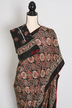 Aliya | Black Ajrakh Printed Mirror Work Saree| Bollywood Inspired Partywear