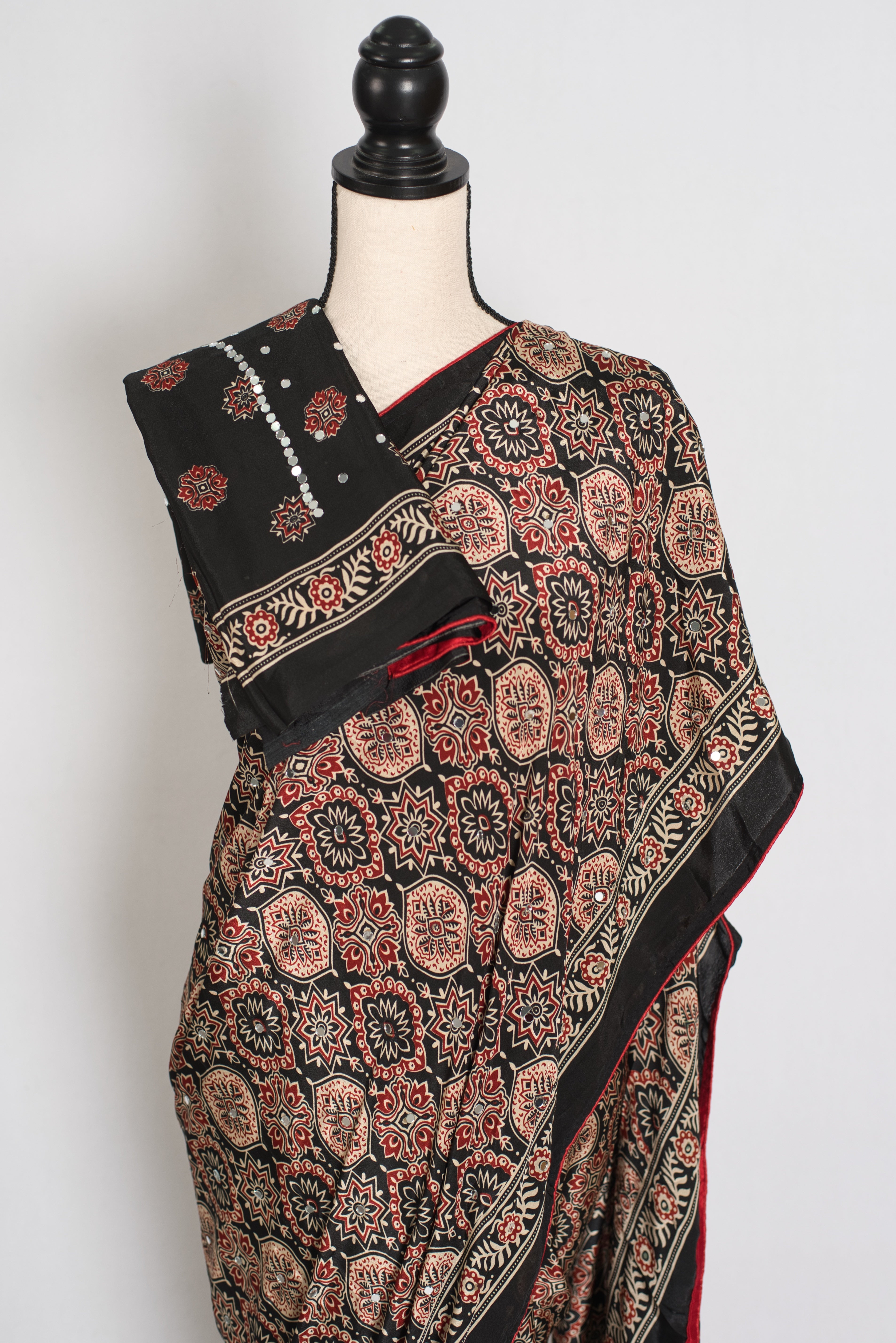 Aliya | Black Ajrakh Printed Mirror Work Saree| Bollywood Inspired Partywear