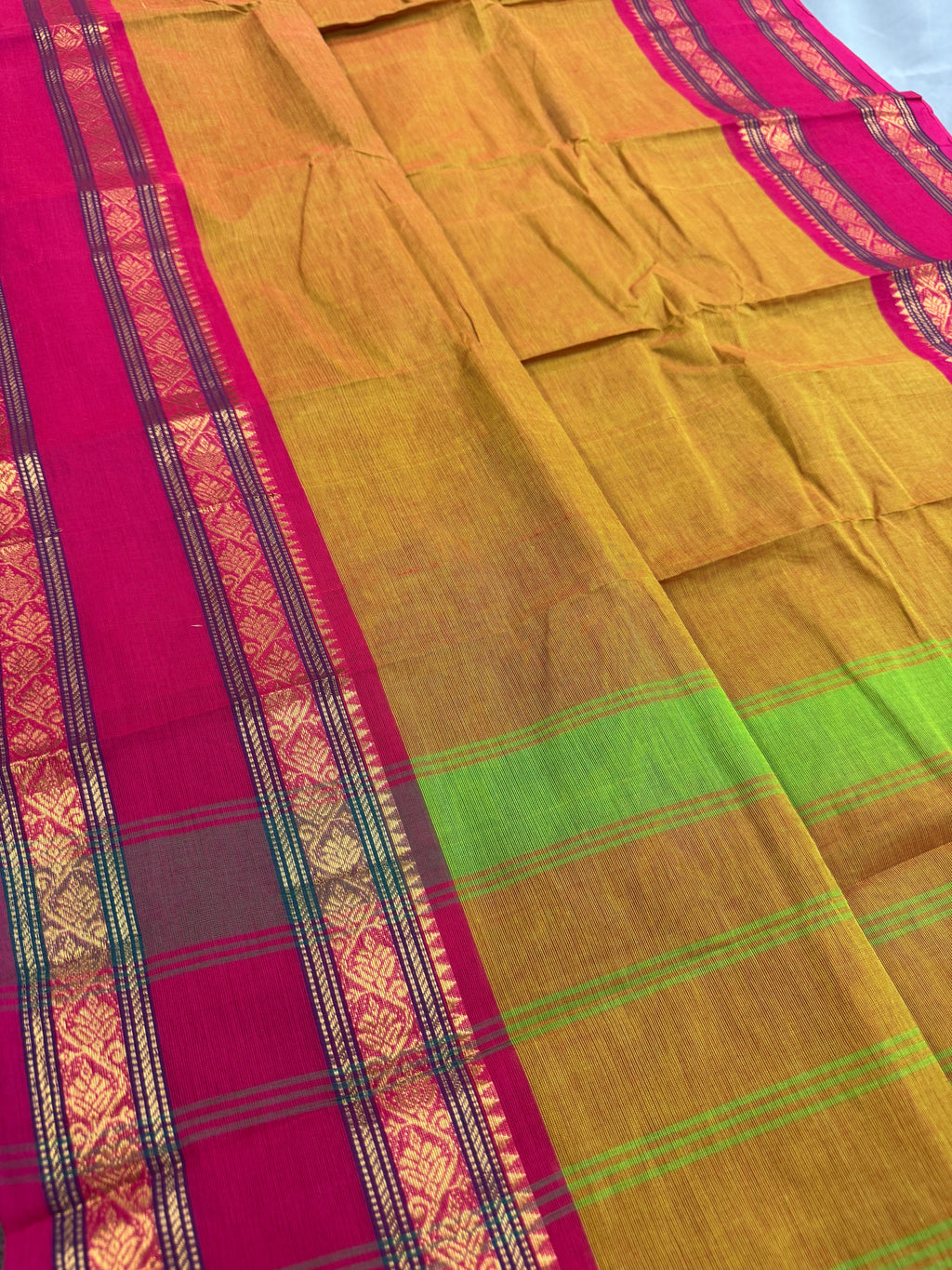 Vrinda : Handwoven Kanchi Cotton Saree in Orangish Yellow with Rani Pink