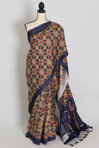 Leela : Navy Blue Ikkat Print Banarasi Silk Saree – with 36 Size Blouse