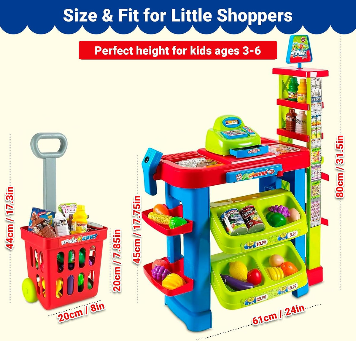 Supermarket Playset for Kids — Grocery Store Pretend Play with Toy Shopping Cart, Cash Register, Scanner & Play Food Accessories – Fun Gift for Ages 3+