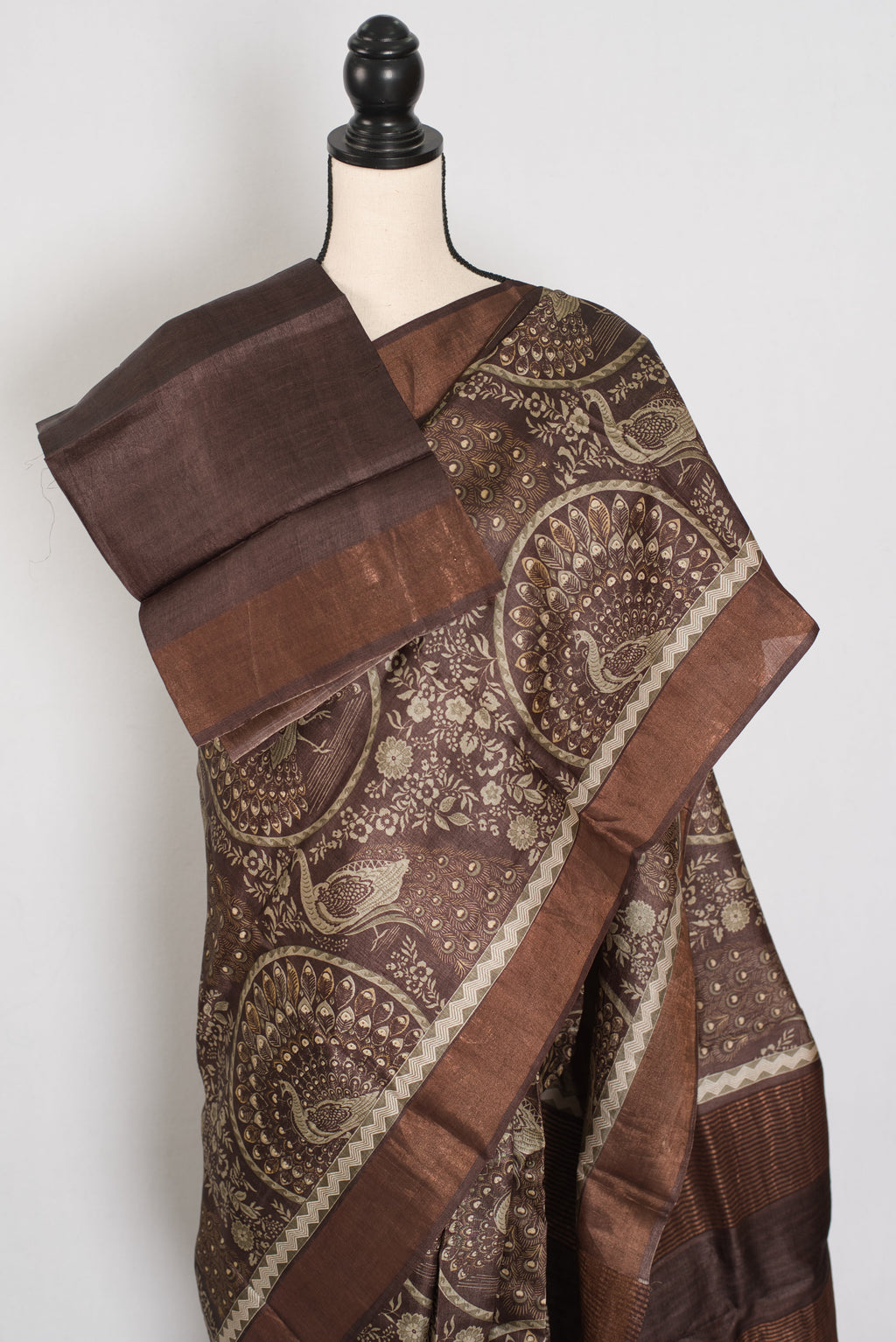Kala | Earthy Brown Pure Tussar Silk Saree | Heritage Kalamkari Art Prints