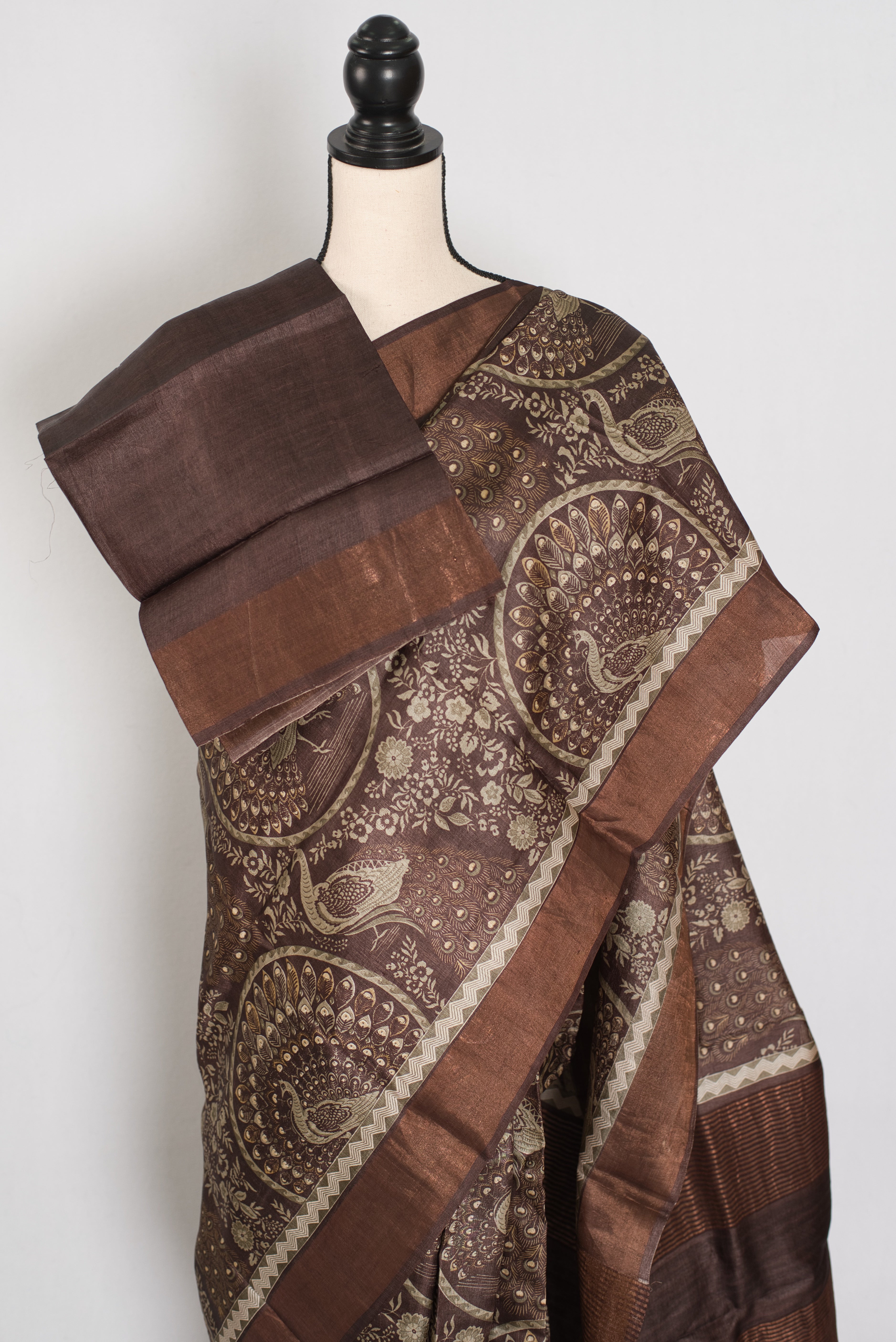 Kala | Earthy Brown Pure Tussar Silk Saree | Heritage Kalamkari Art Prints
