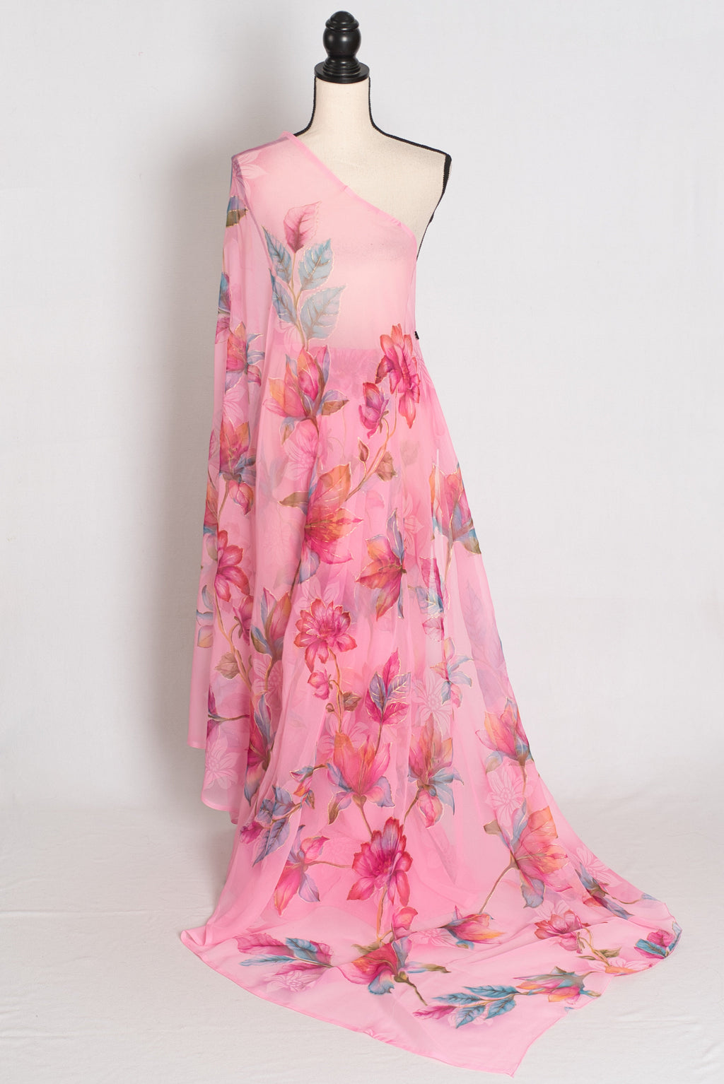 Mou : Bubble Gum Pink Floral Printed Chiffon Saree, Budget-Friendly Summer Drape