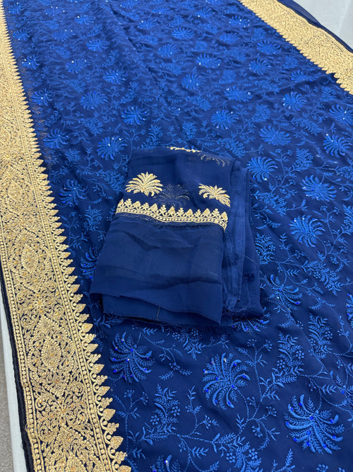 Afrin | Midnight Blue Georgette Partywear Saree | Trending Bollywood Style
