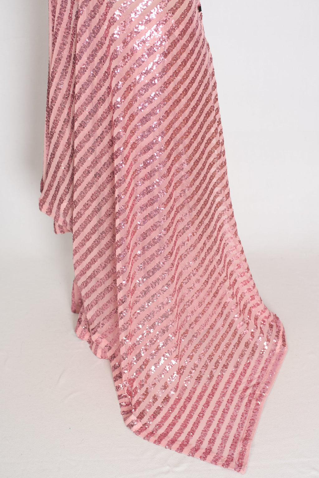 Afrin | Pink Soft Net Sequin Saree | Linear Shimmer Stripe Patterns