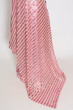 Afrin | Pink Soft Net Sequin Saree | Linear Shimmer Stripe Patterns