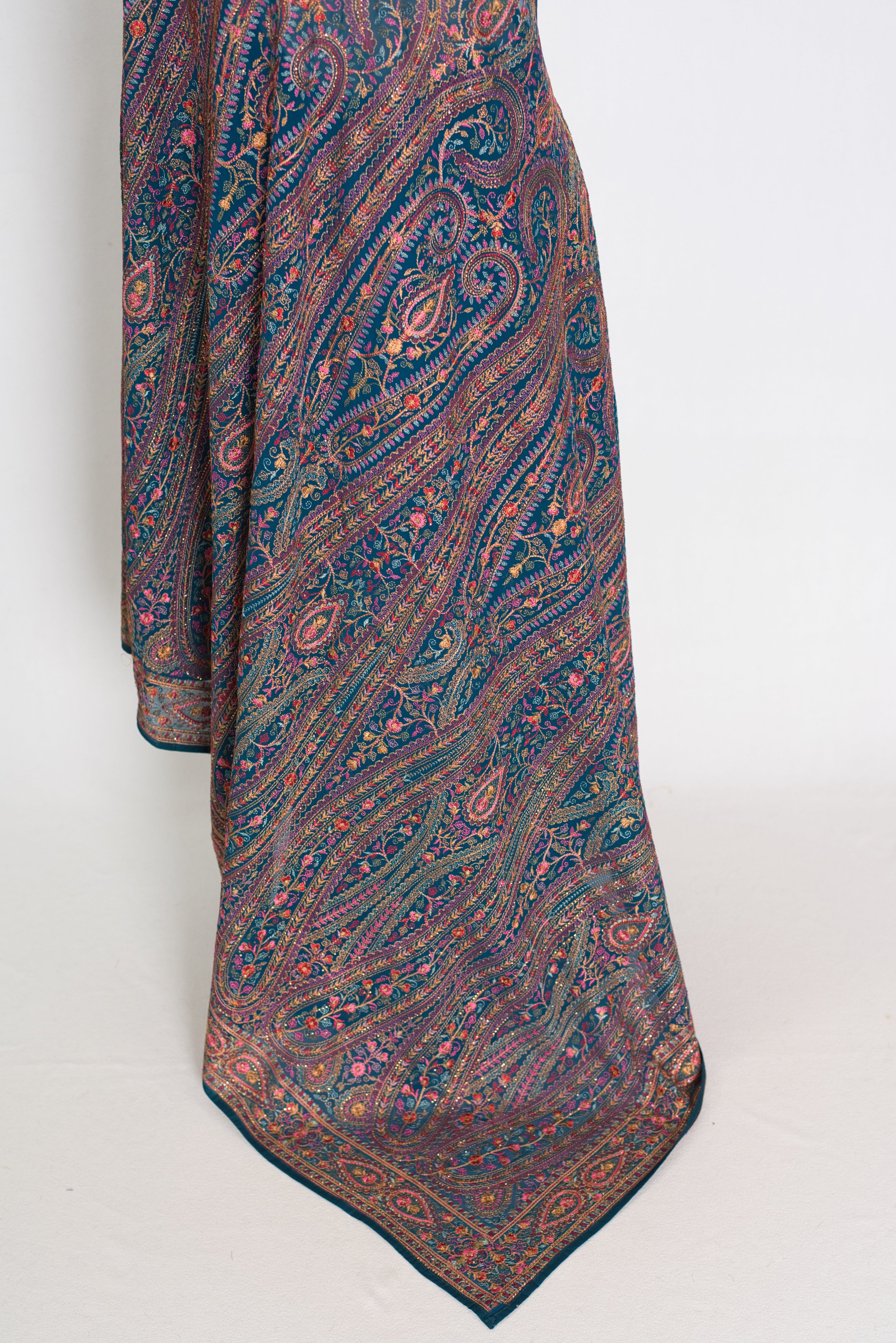 Mira | Cobalt Blue Georgette Saree | All-Over Multicolor Kashmiri Embroidery